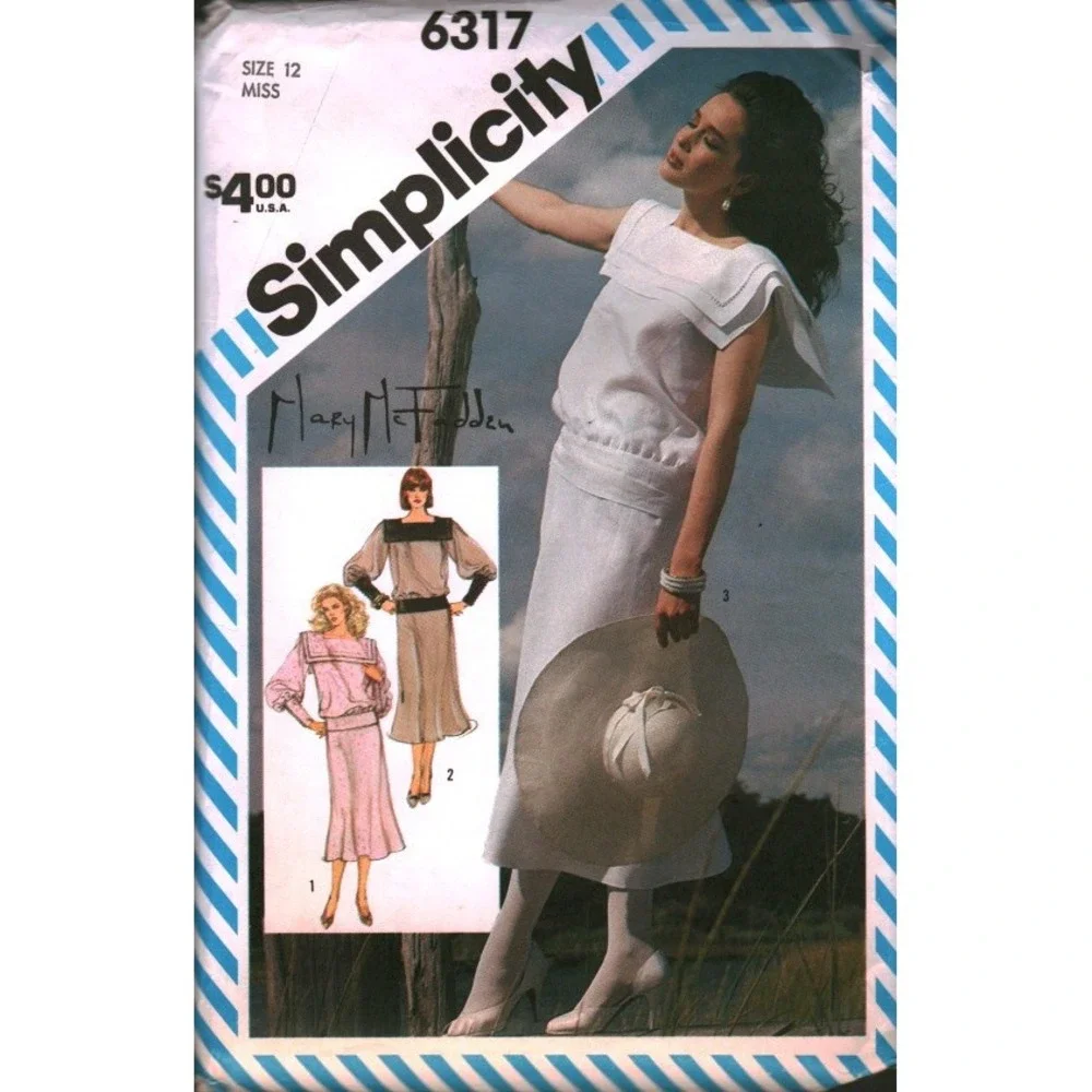 Simplicity 6317 Mary McFadden Vintage 80s Two Piece Dress Bias Skirt Pattern 12